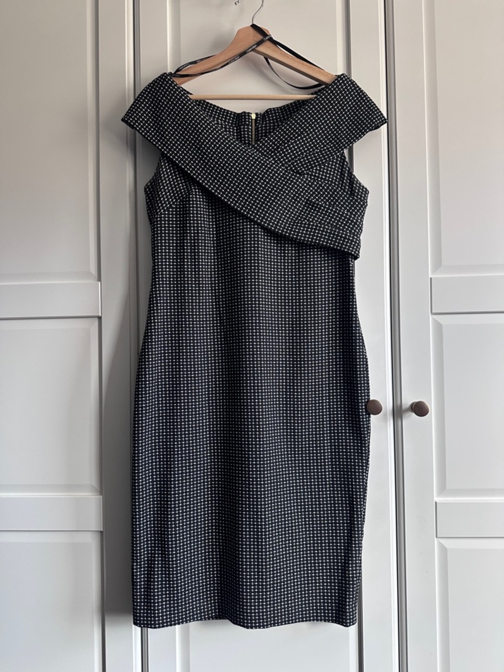 Calvin Klein Off-Shoulder Black & White Patterned Women's Dress